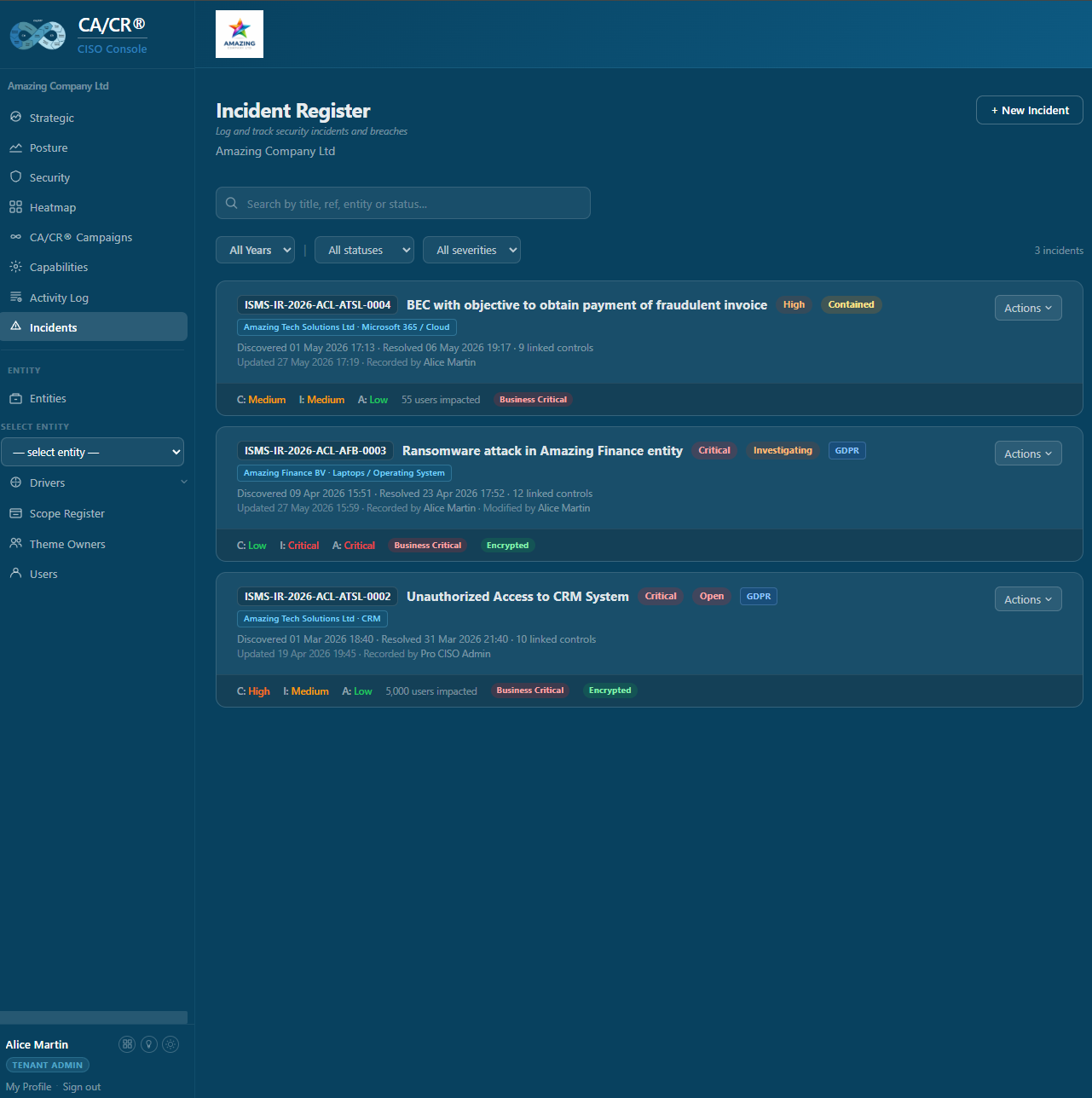 CA/CR® CISO Console - Incident Register