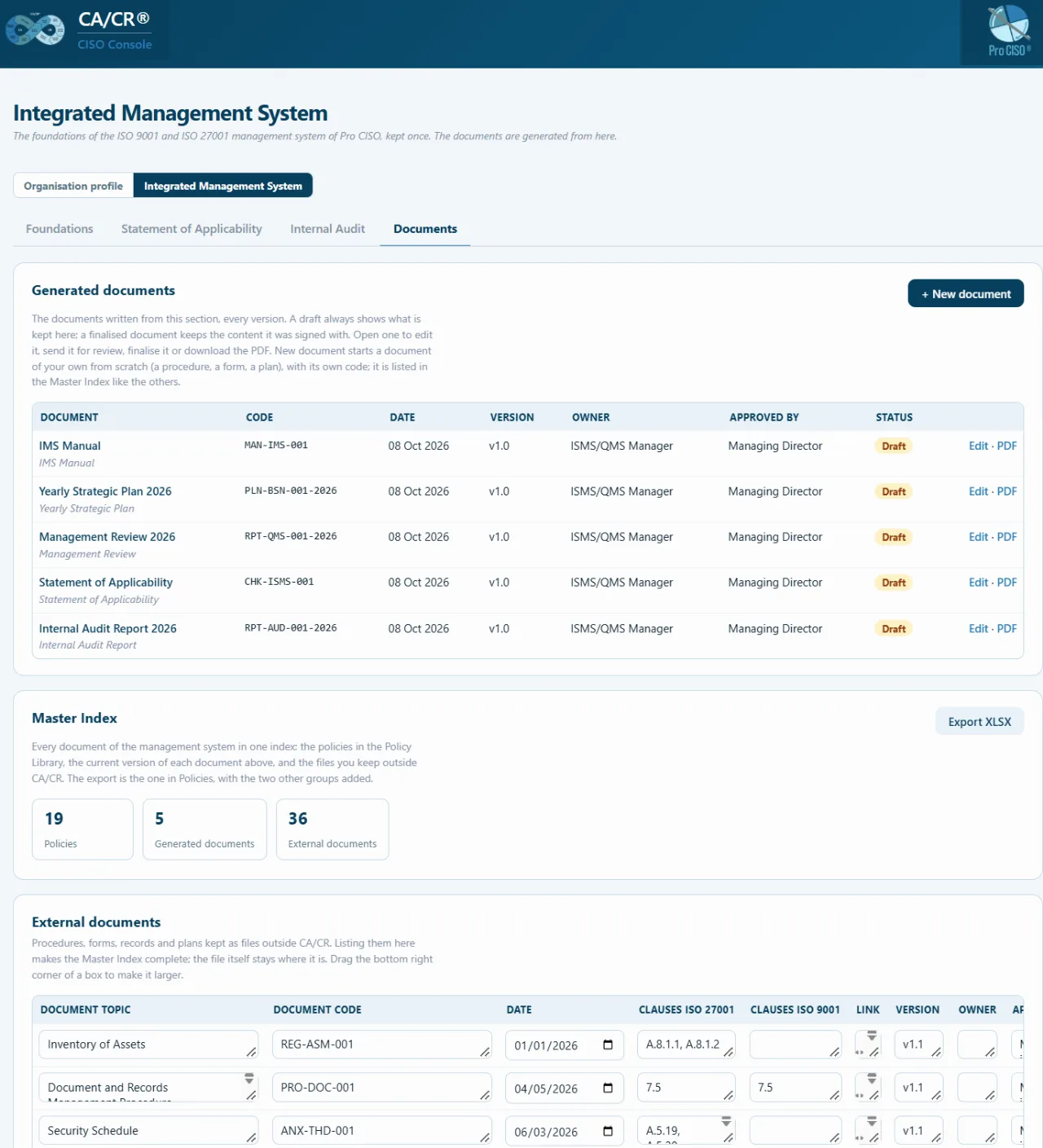 CA/CR® CISO Console - Integrated Management System: generated documents, Master Index and external documents